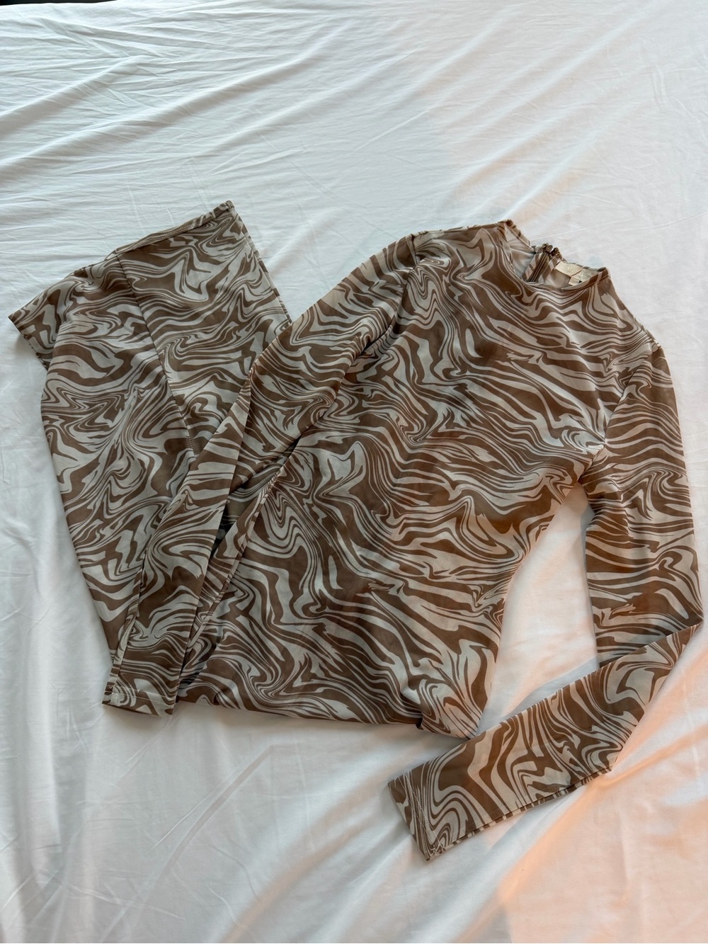 Womens Brown Swirl Print Long Sleeve mesh dress